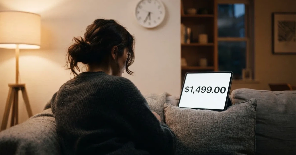 A person on a sofa looking thoughtfully at a tablet, a wall clock in the background
