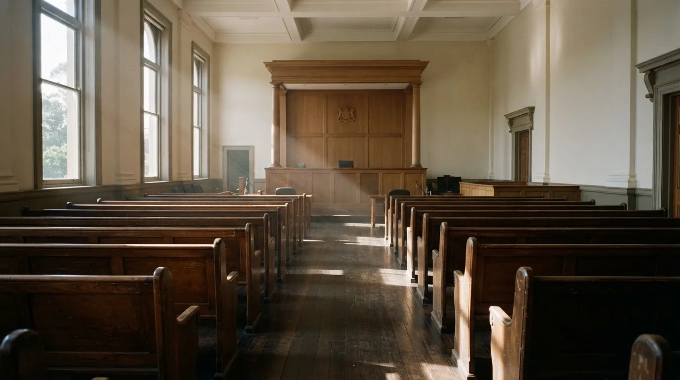 An empty courtroom with wooden benches in morning light