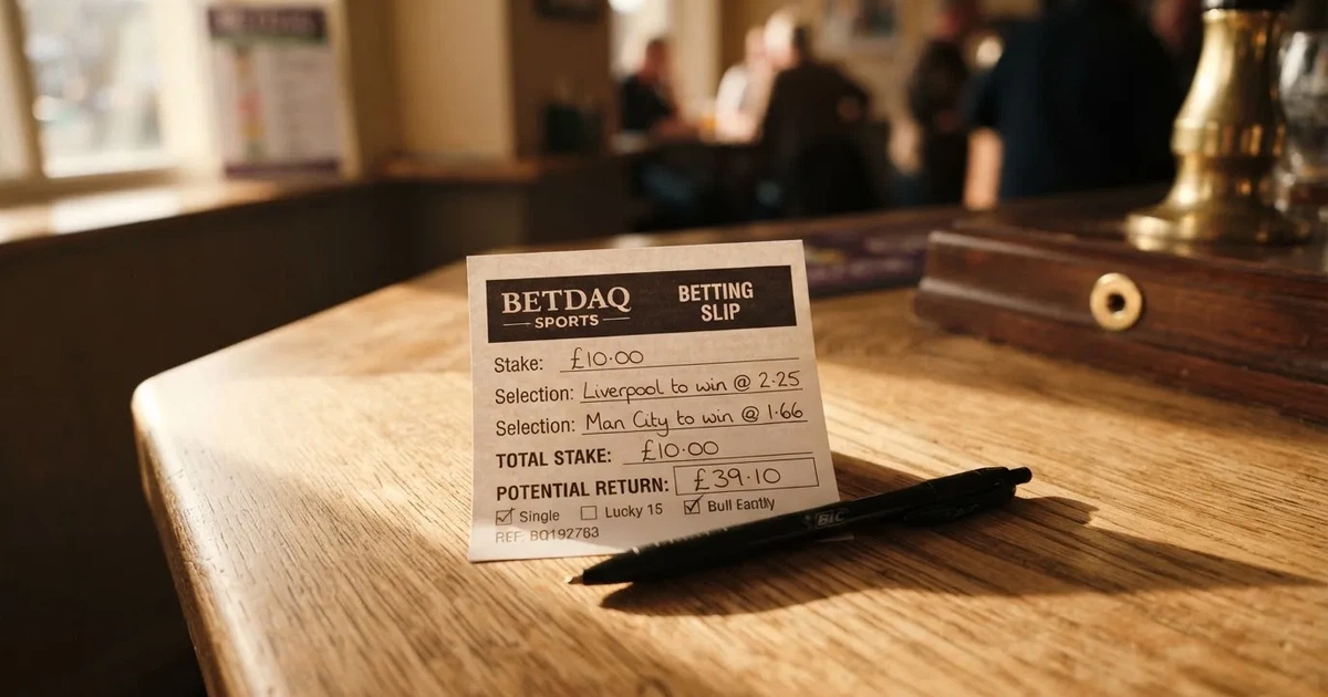 A blank paper betting slip beside a pen on a wooden counter