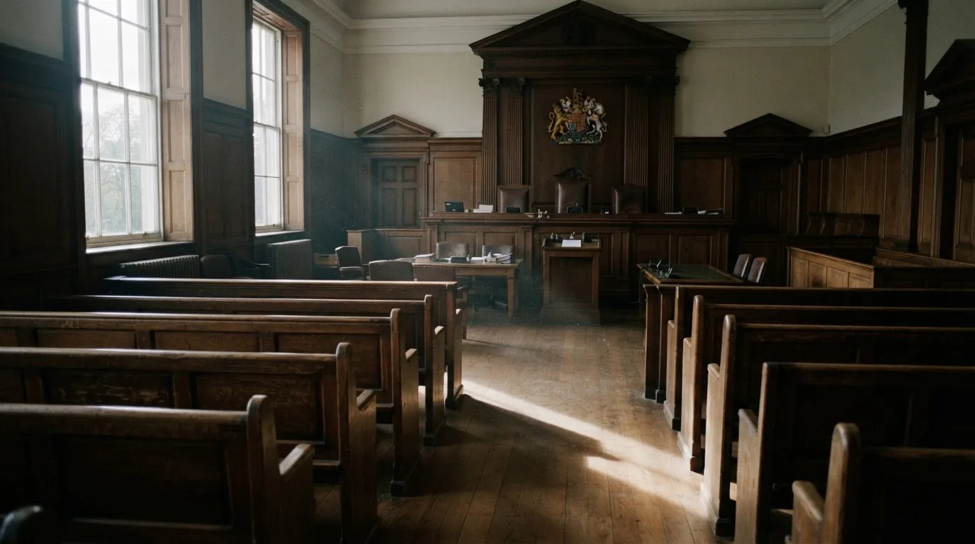 An empty courtroom with wooden benches in morning light