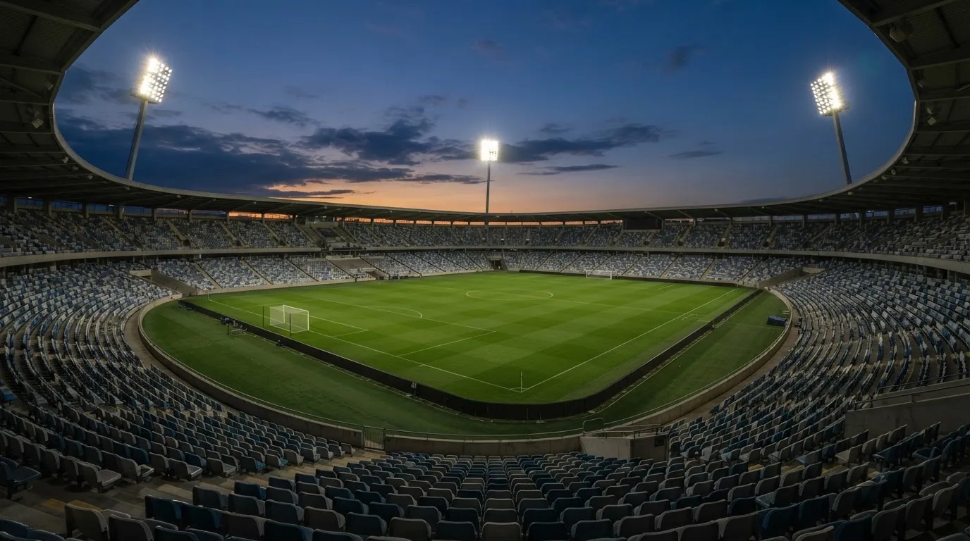 An empty football stadium with floodlight masts at dusk