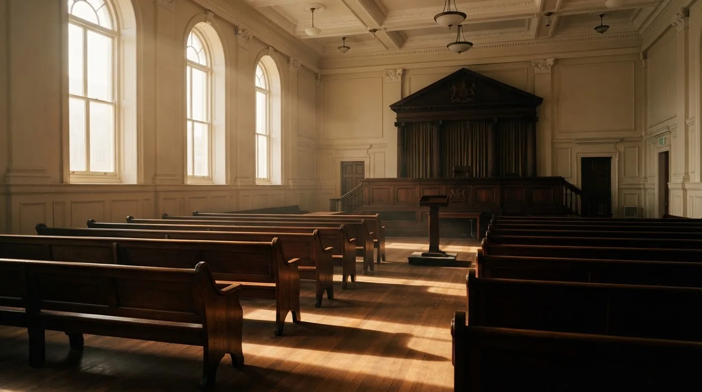 An empty courtroom with wooden benches in morning light