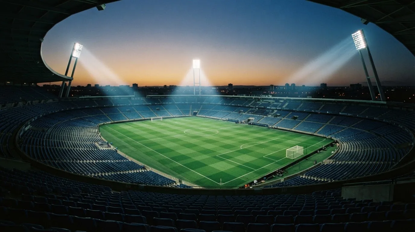 An empty football stadium with floodlight masts at dusk