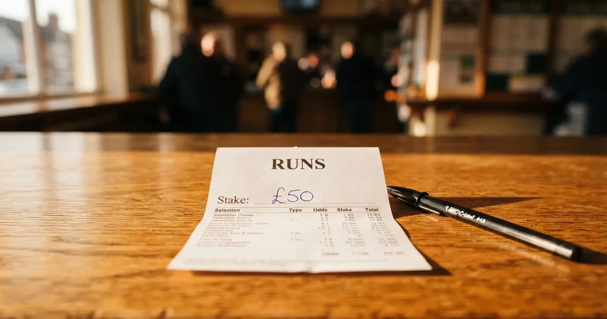 A blank paper betting slip beside a pen on a wooden counter