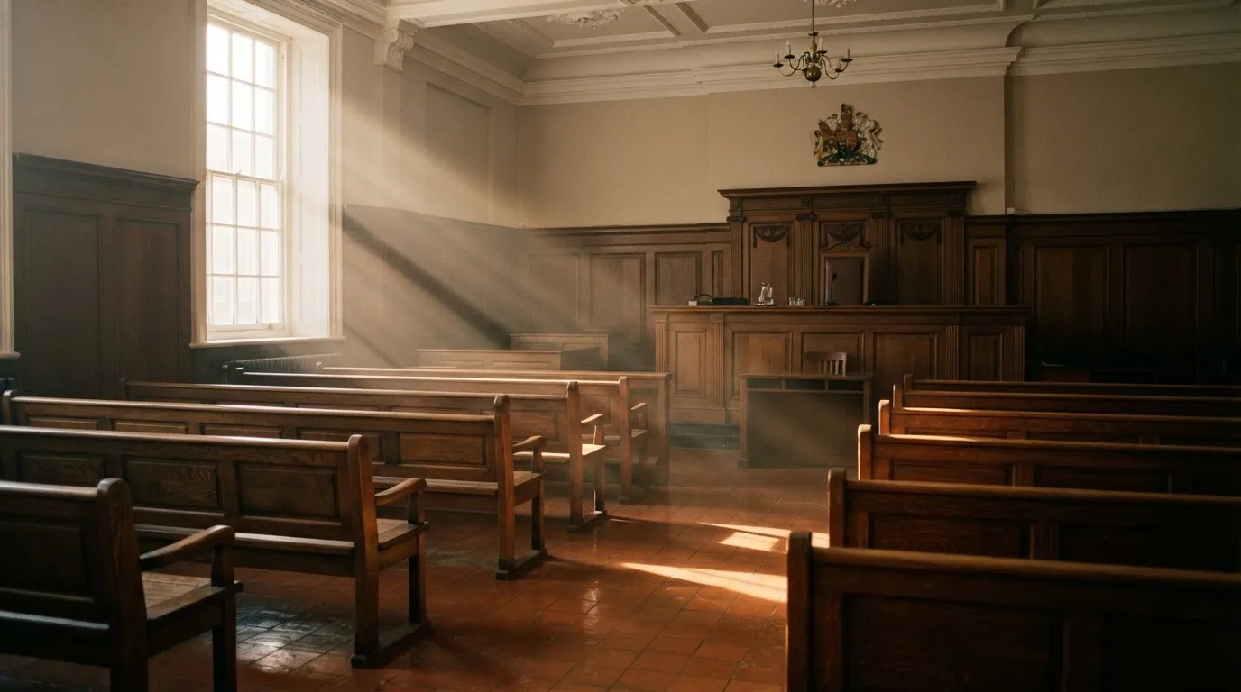 An empty courtroom with wooden benches in morning light