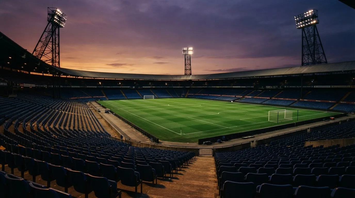 An empty football stadium with floodlight masts at dusk
