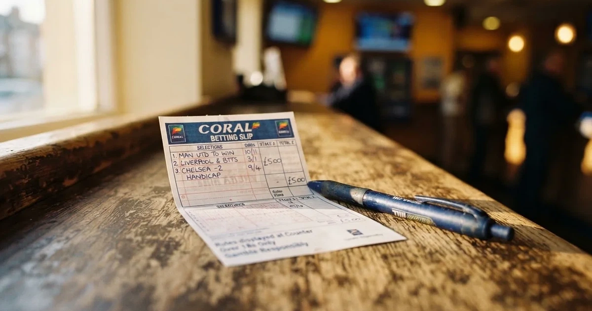 A blank paper betting slip beside a pen on a wooden counter