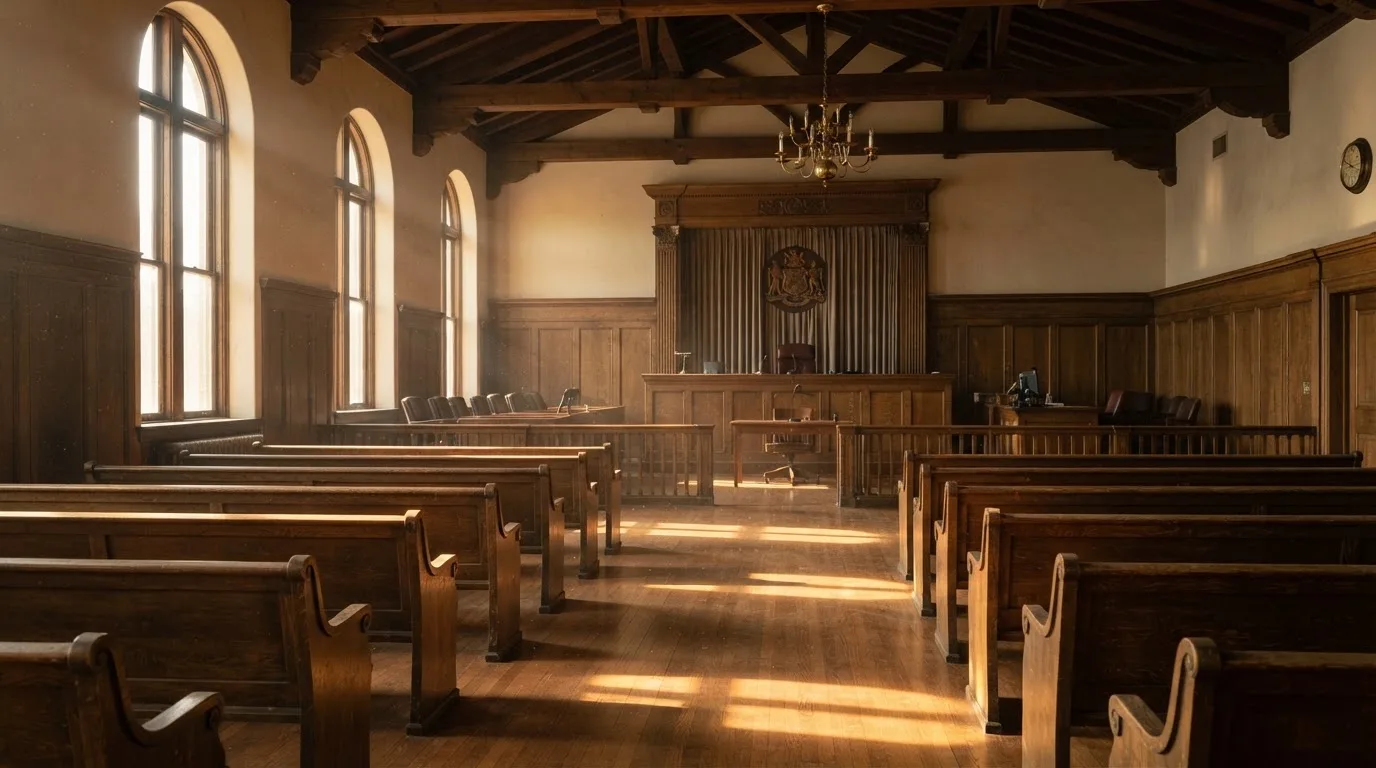 An empty courtroom with wooden benches in morning light