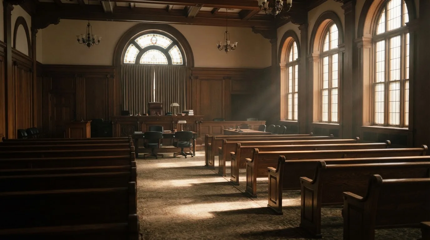 An empty courtroom with wooden benches in morning light
