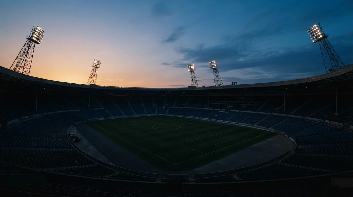 An empty football stadium with floodlight masts at dusk