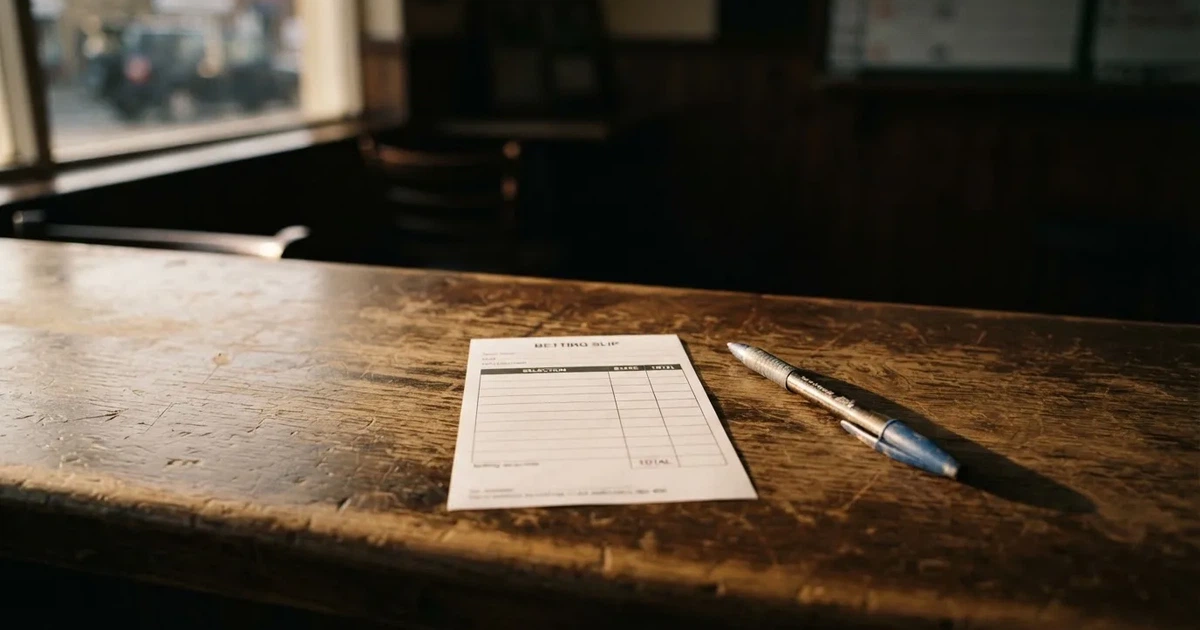 A blank paper betting slip beside a pen on a wooden counter