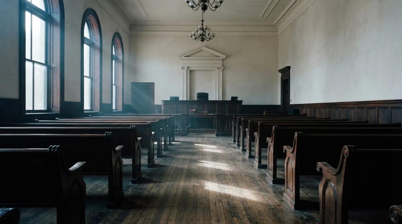 An empty courtroom with wooden benches in morning light