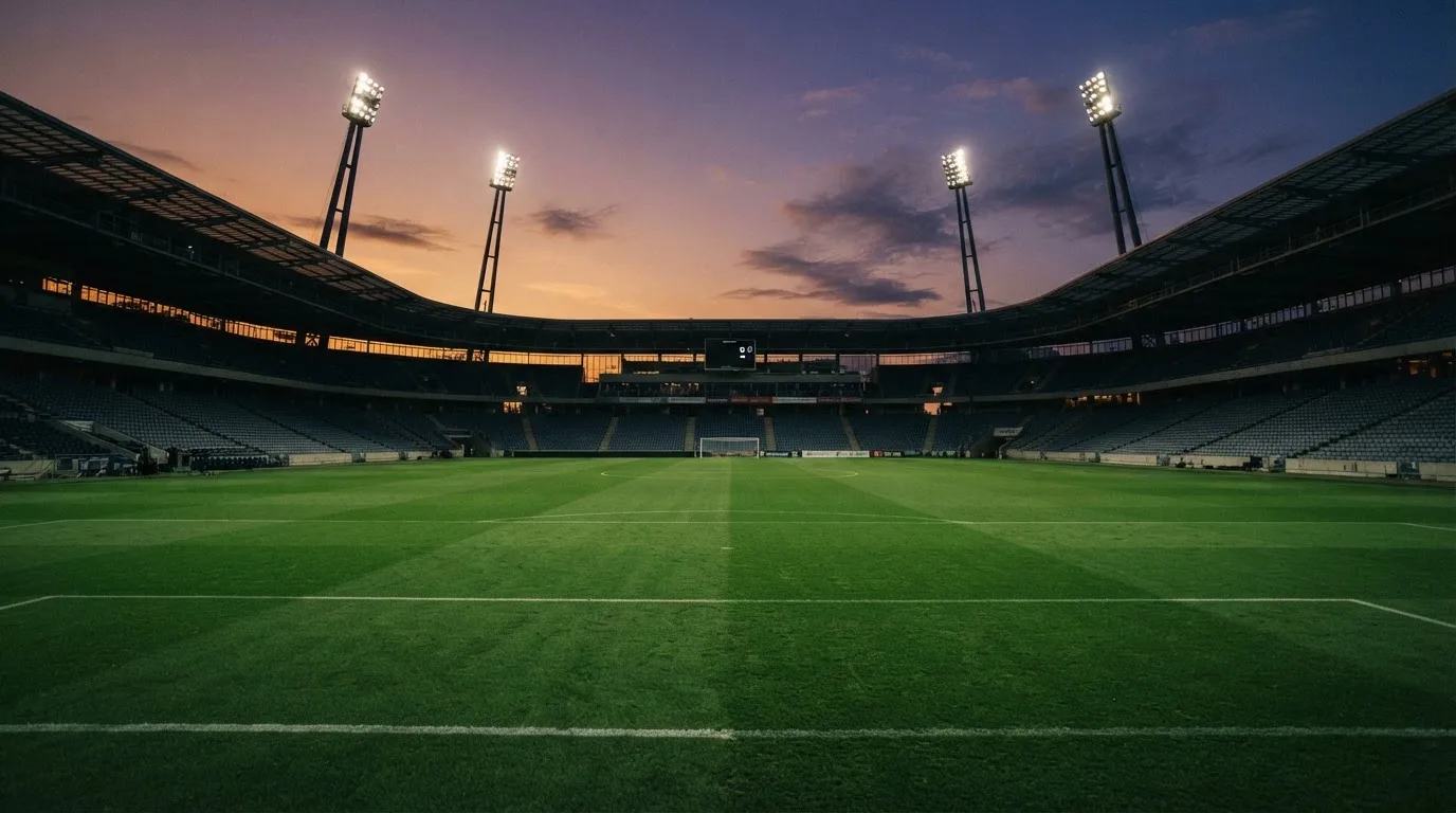 An empty football stadium with floodlight masts at dusk