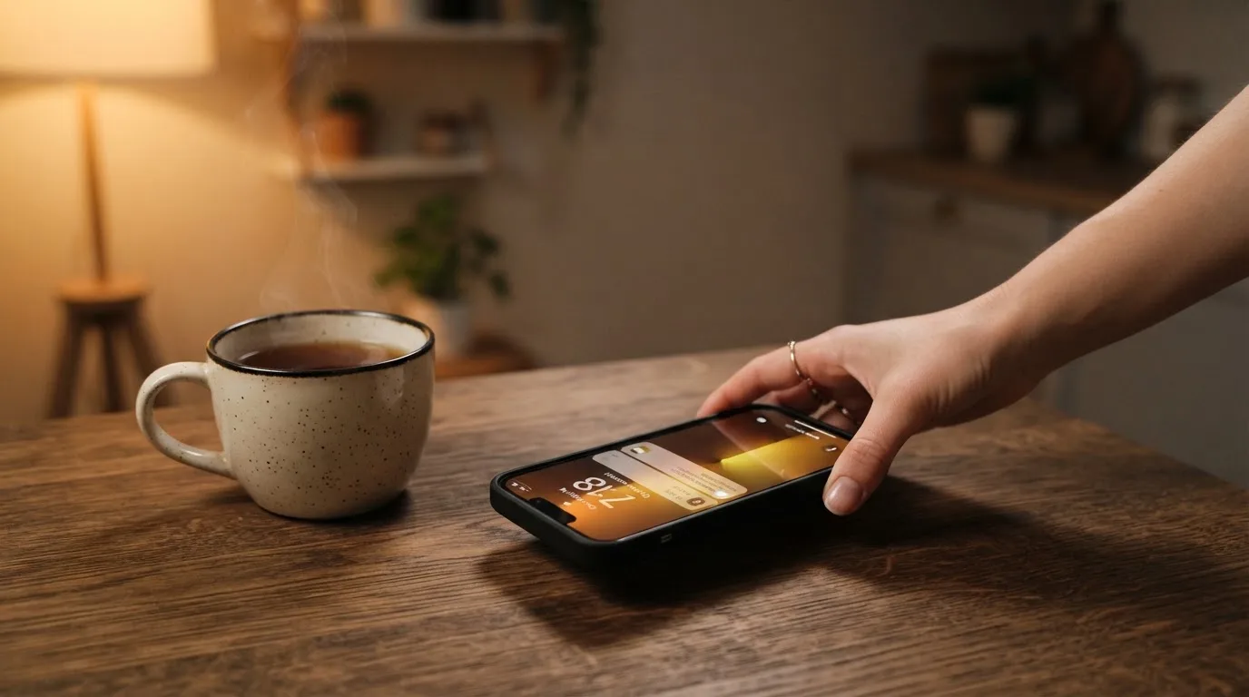 A hand setting a smartphone down beside a cup of tea on a kitchen table on a quiet evening