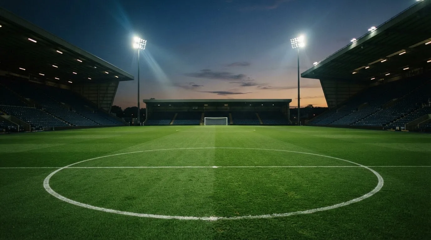 An empty football stadium with floodlight masts at dusk