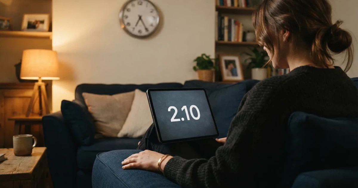 A person on a sofa looking thoughtfully at a tablet, a wall clock in the background