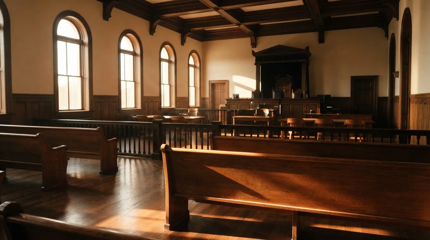 An empty courtroom with wooden benches in morning light