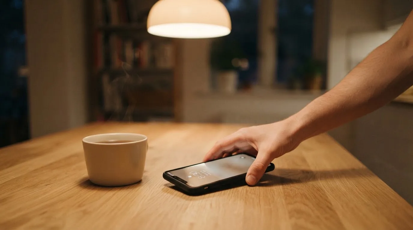A hand setting a smartphone down beside a cup of tea on a kitchen table on a quiet evening