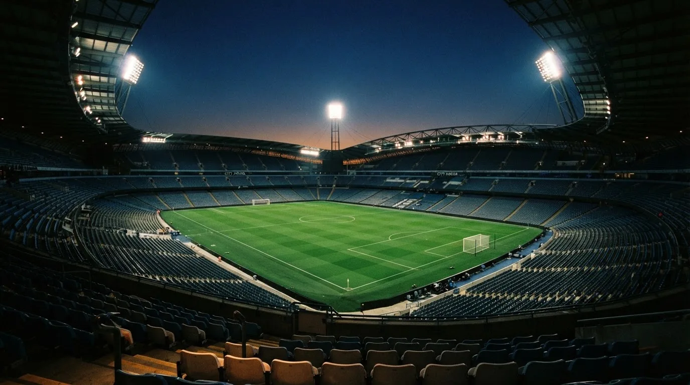 An empty football stadium with floodlight masts at dusk