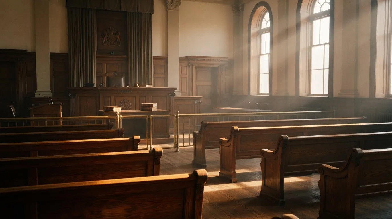 An empty courtroom with wooden benches in morning light