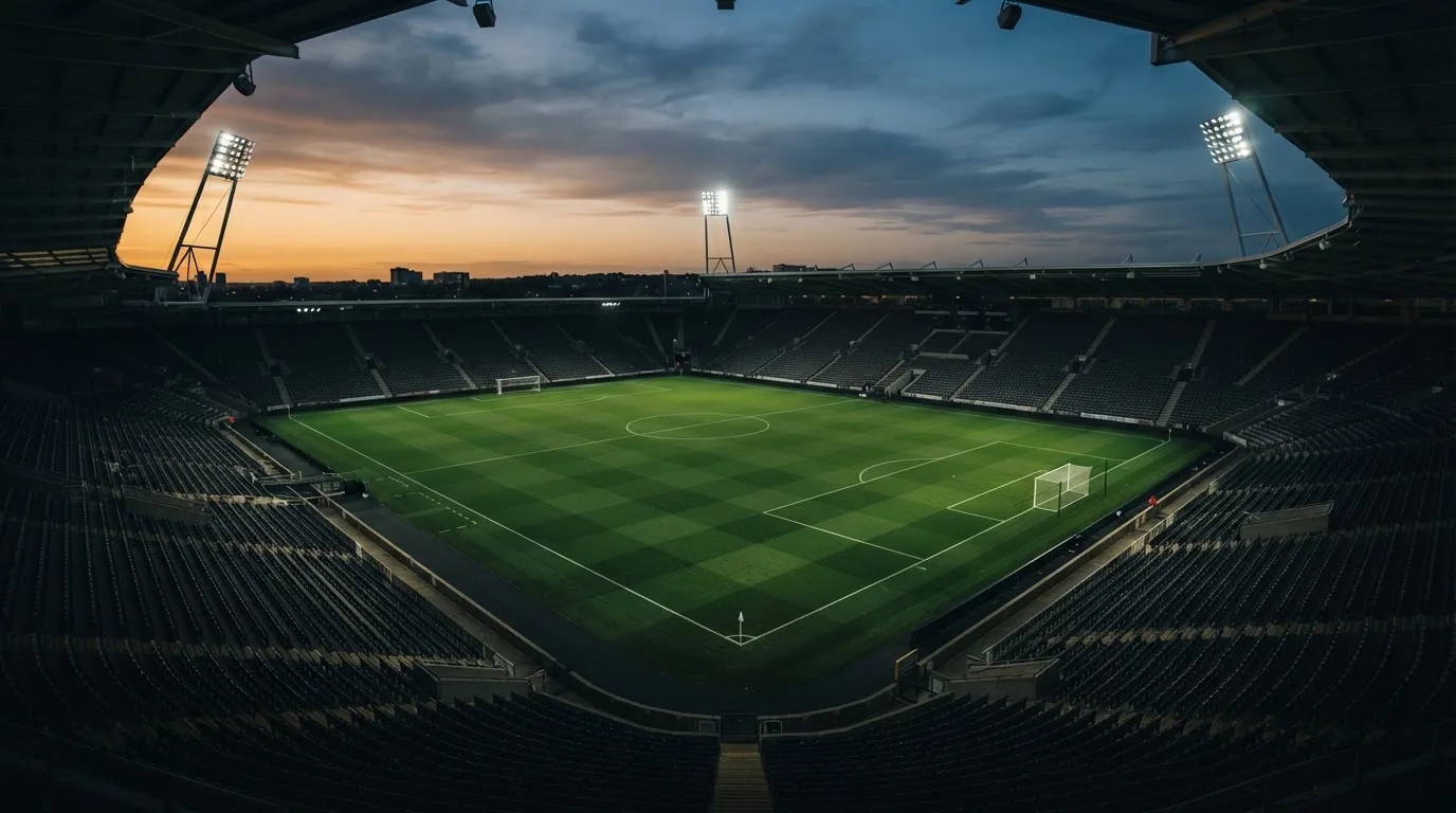 An empty football stadium with floodlight masts at dusk
