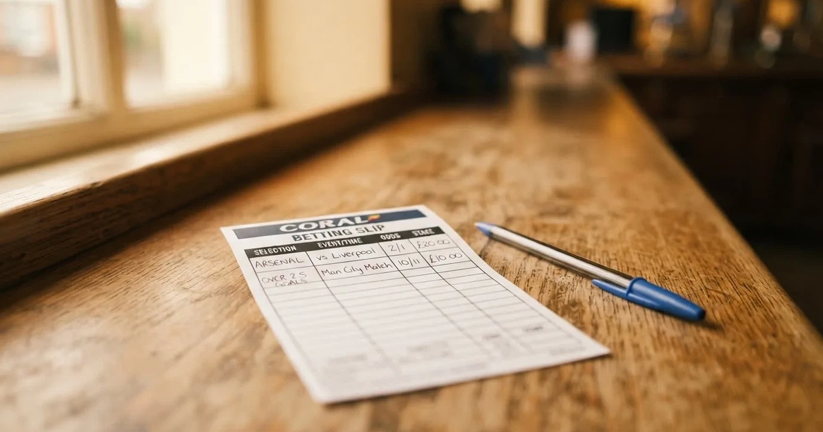 A blank paper betting slip beside a pen on a wooden counter