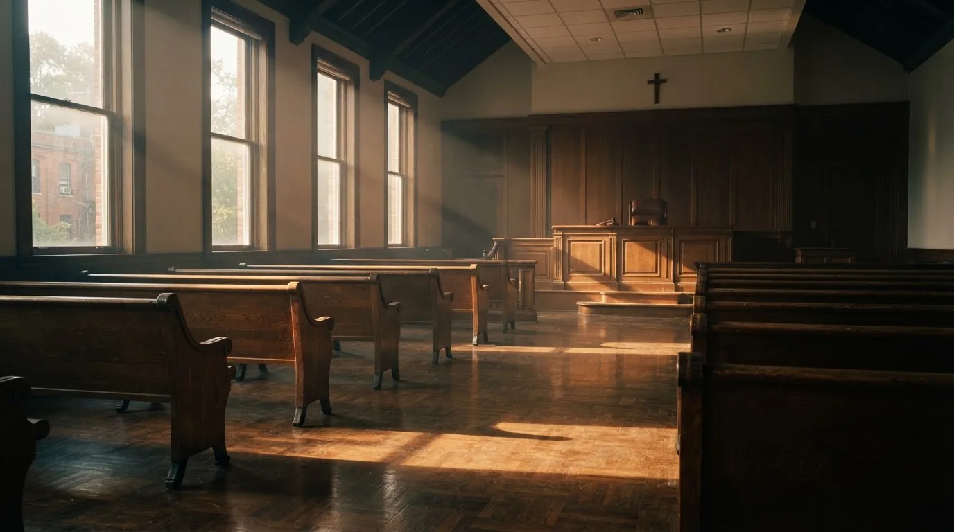 An empty courtroom with wooden benches in morning light