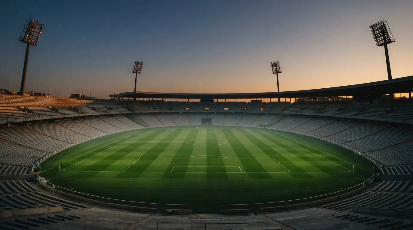 An empty football stadium with floodlight masts at dusk