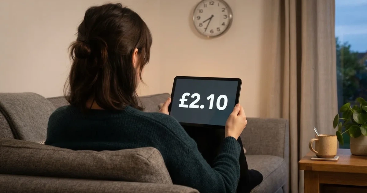 A person on a sofa looking thoughtfully at a tablet, a wall clock in the background