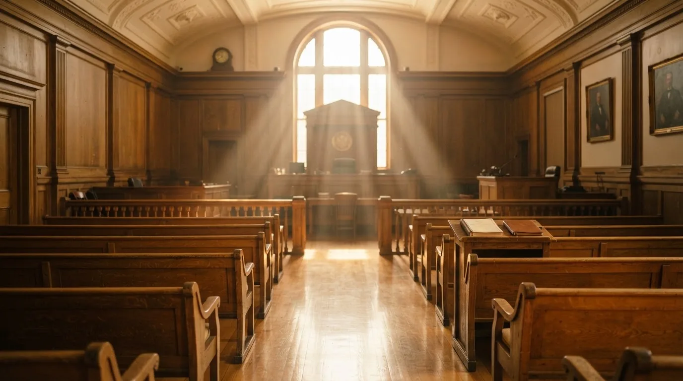 An empty courtroom with wooden benches in morning light