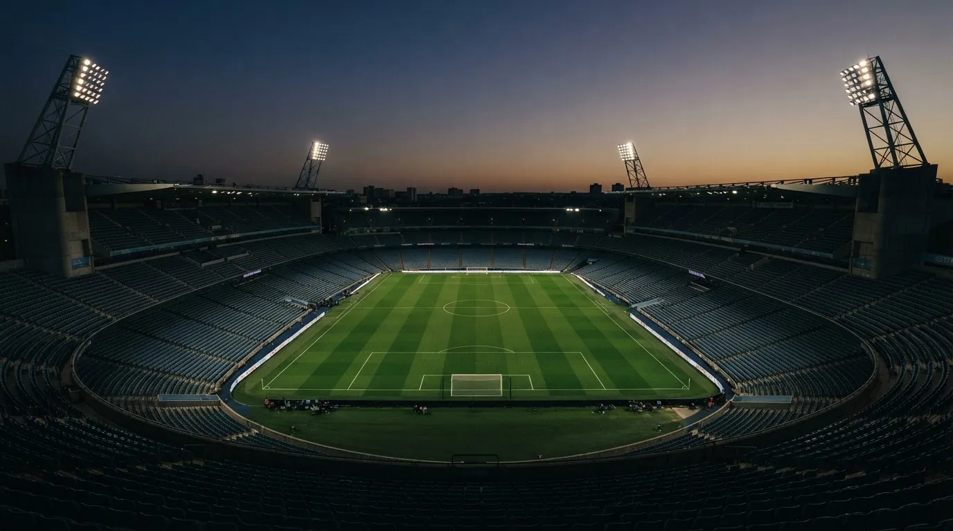 An empty football stadium with floodlight masts at dusk