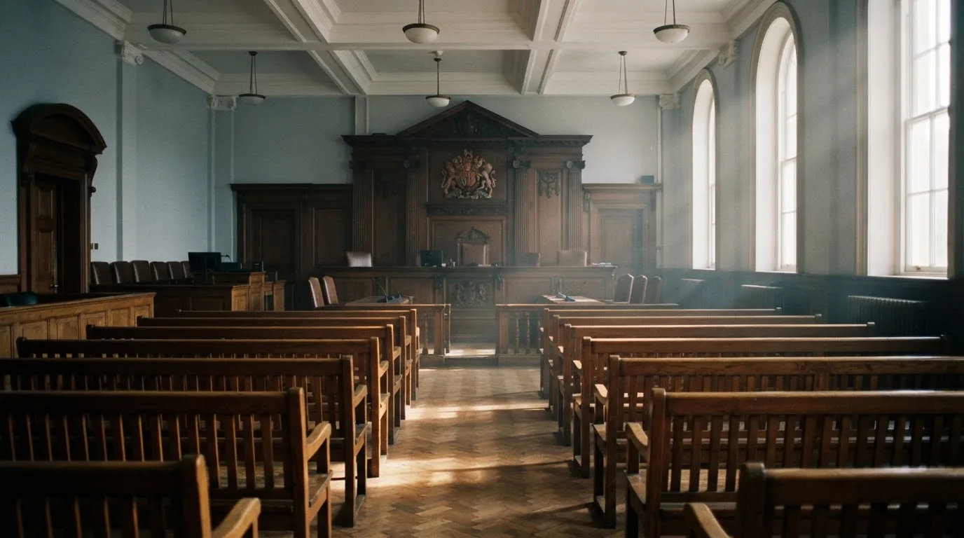 An empty courtroom with wooden benches in morning light