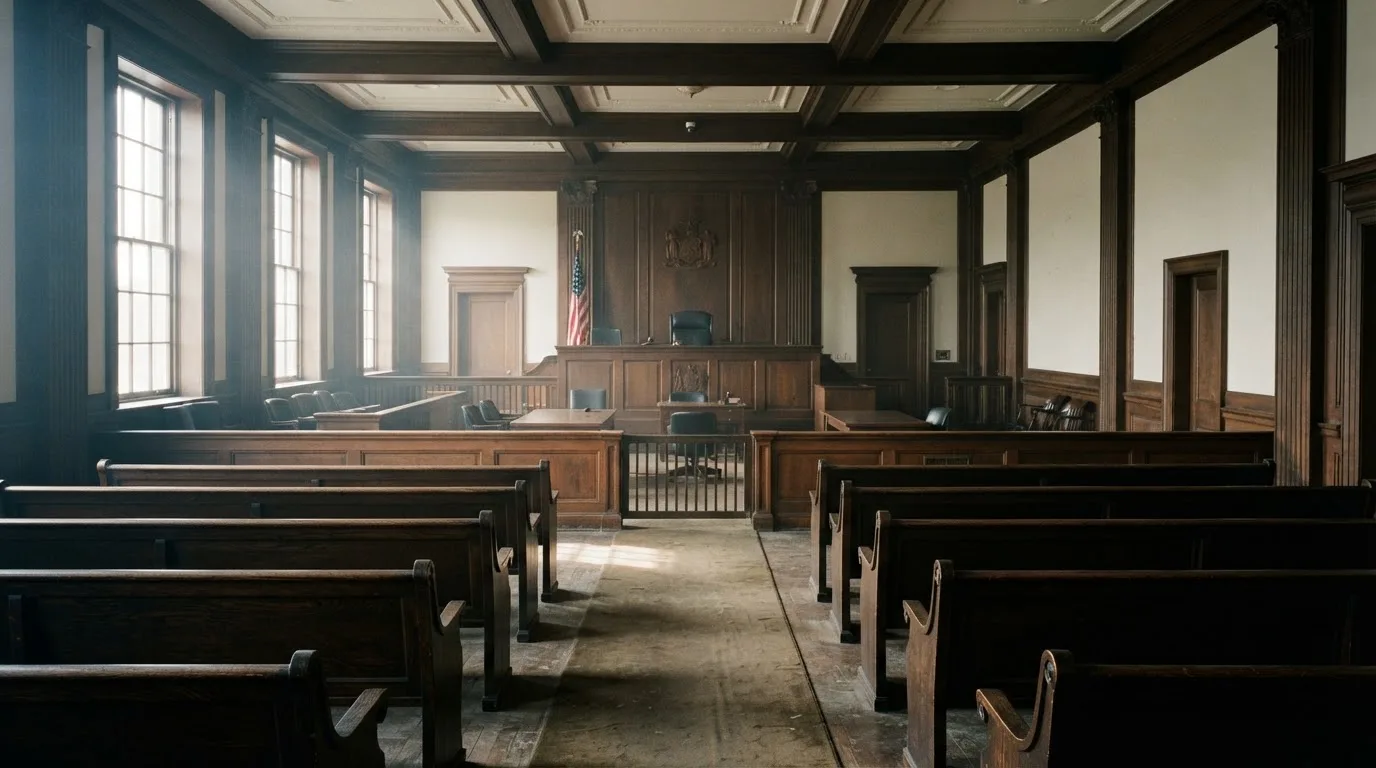 An empty courtroom with wooden benches in morning light