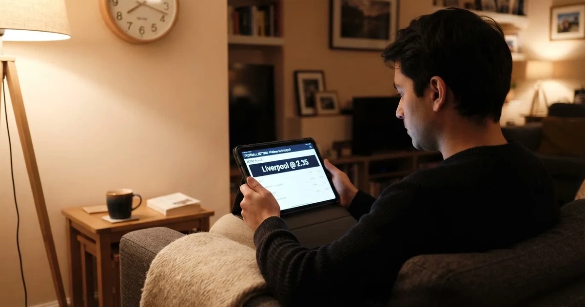 A person on a sofa looking thoughtfully at a tablet, a wall clock in the background