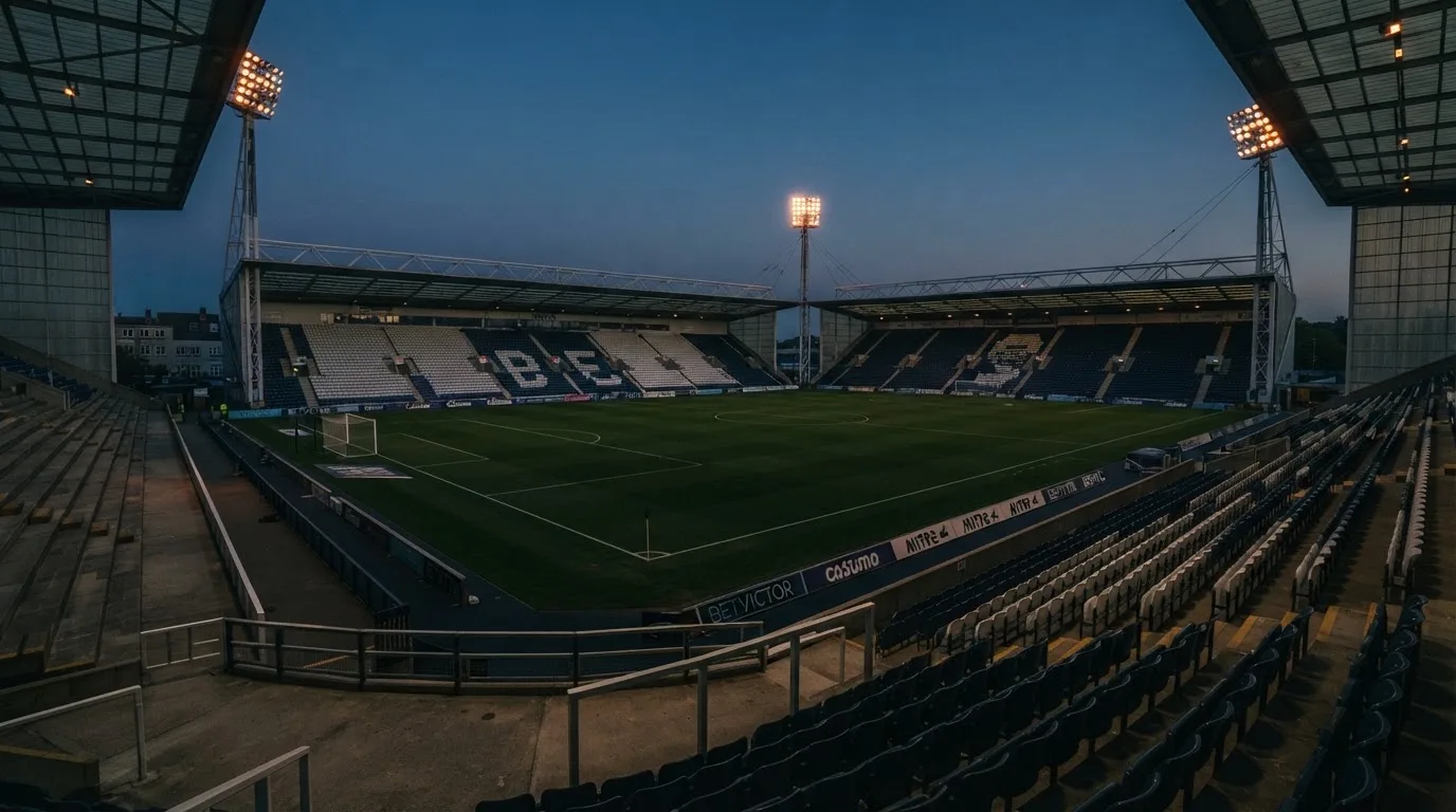 An empty football stadium with floodlight masts at dusk