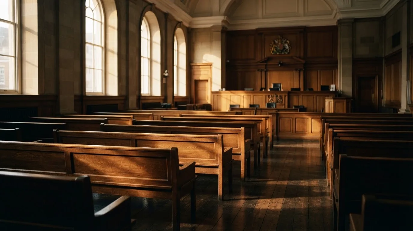 An empty courtroom with wooden benches in morning light