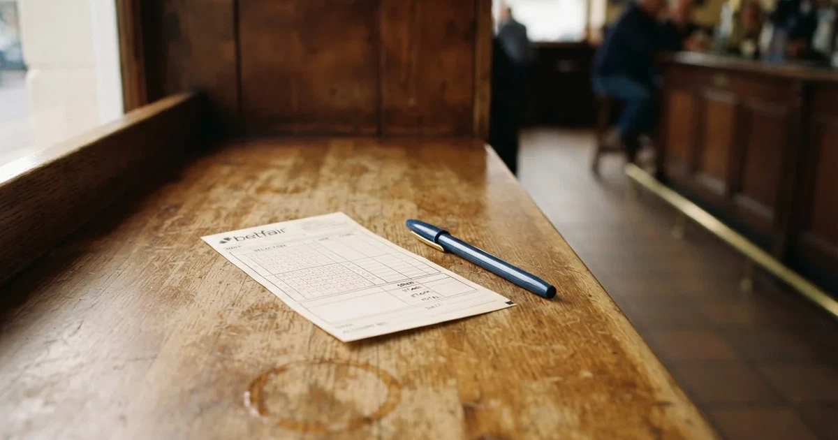 A blank paper betting slip beside a pen on a wooden counter