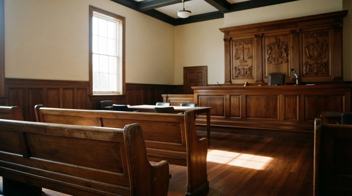 An empty courtroom with wooden benches in morning light