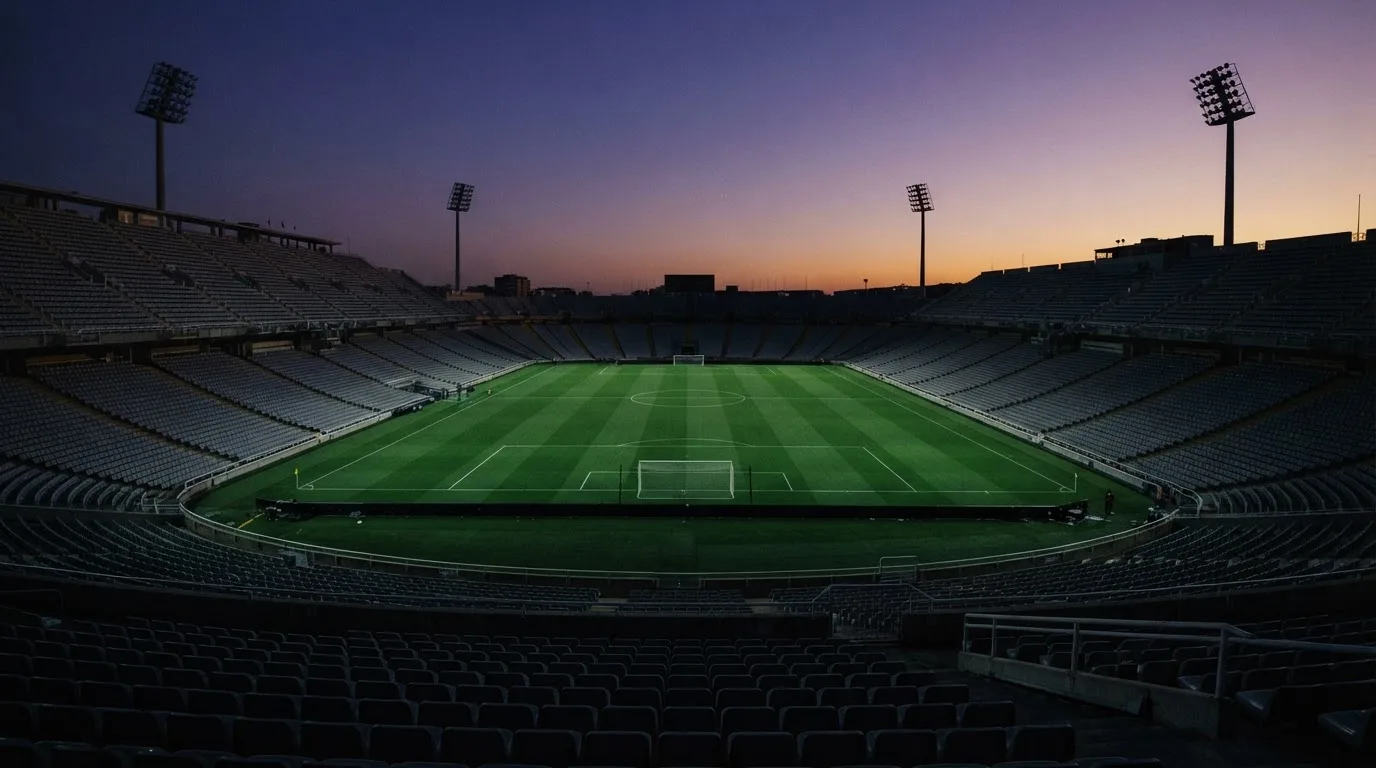 An empty football stadium with floodlight masts at dusk
