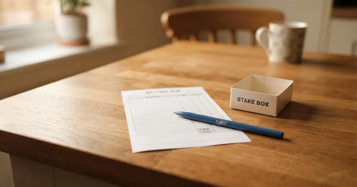 A blank paper betting slip beside a pen on a wooden counter