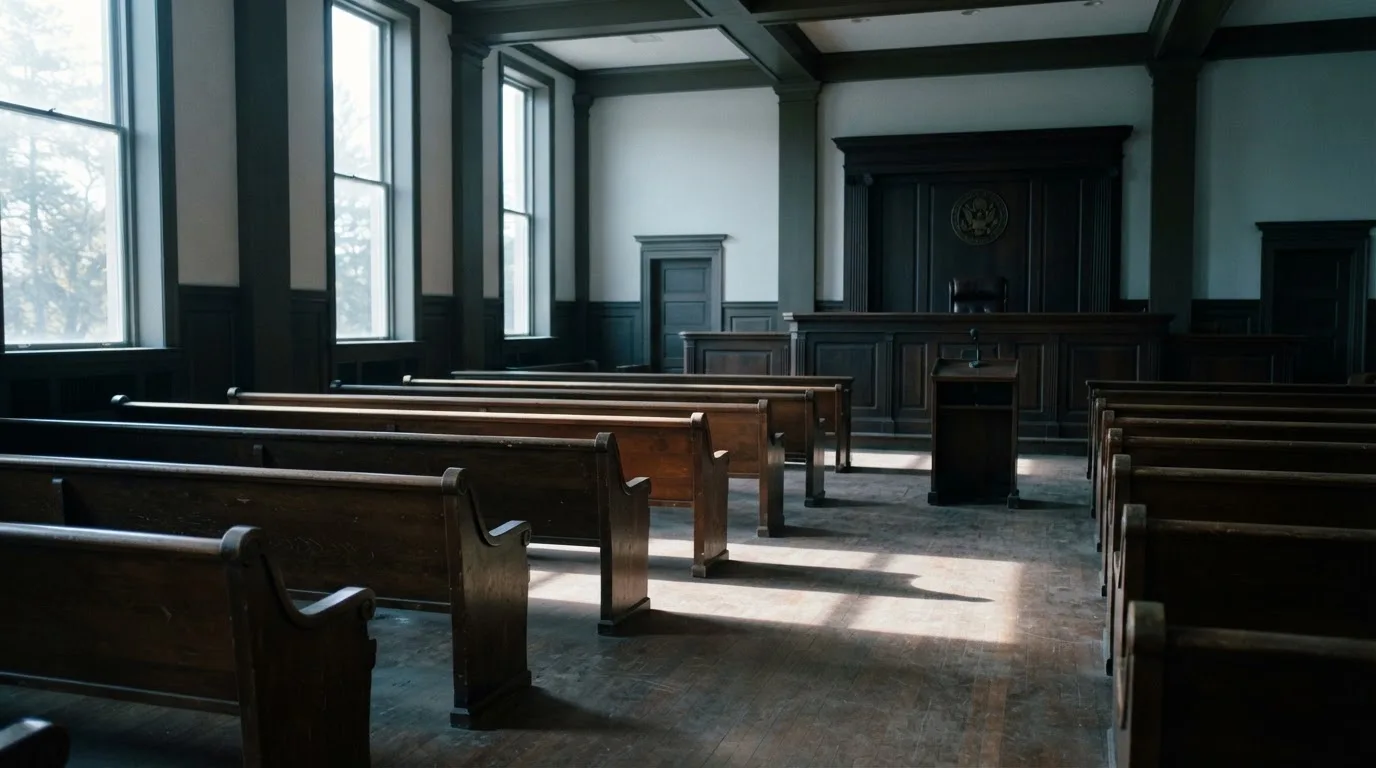 An empty courtroom with wooden benches in morning light