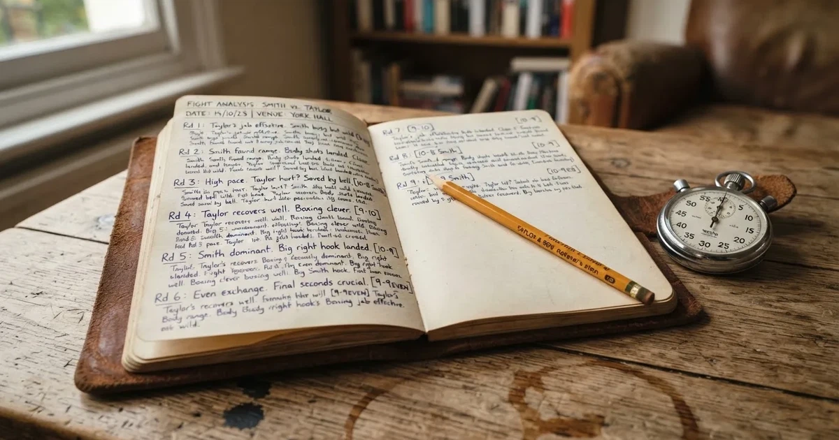 An open notebook with a pencil and a stopwatch on a wooden table