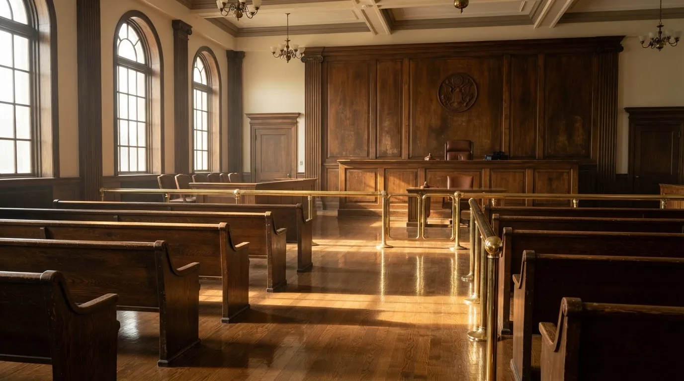 An empty courtroom with wooden benches in morning light