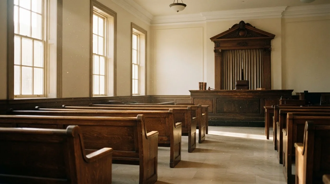 An empty courtroom with wooden benches in morning light