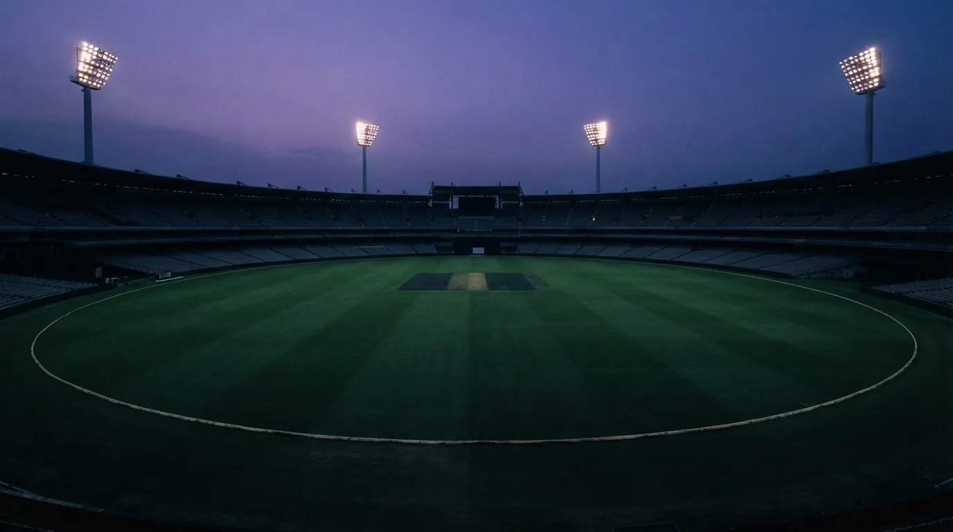 An empty football stadium with floodlight masts at dusk