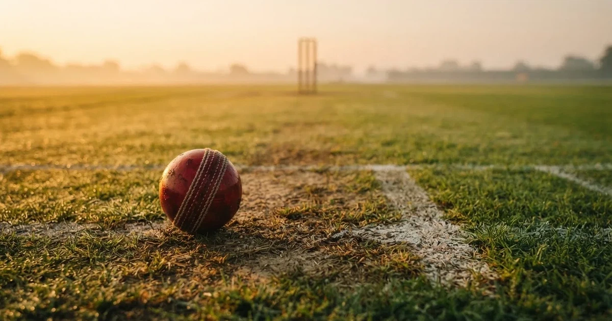 A ball on the centre spot of a grass pitch in morning light
