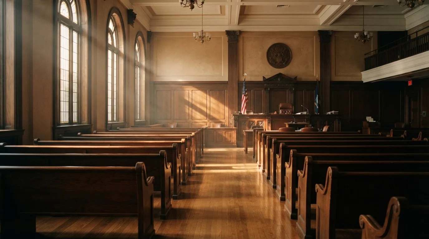 An empty courtroom with wooden benches in morning light