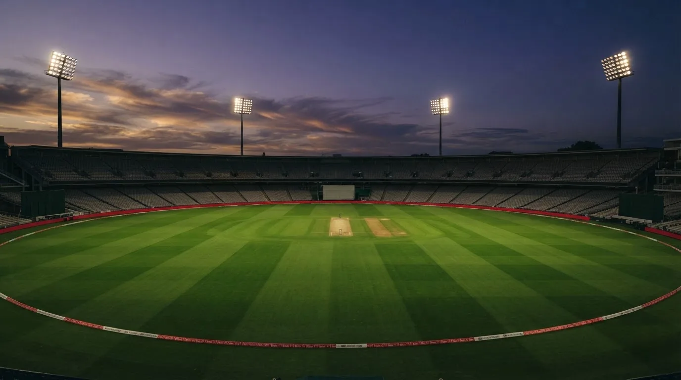 An empty football stadium with floodlight masts at dusk