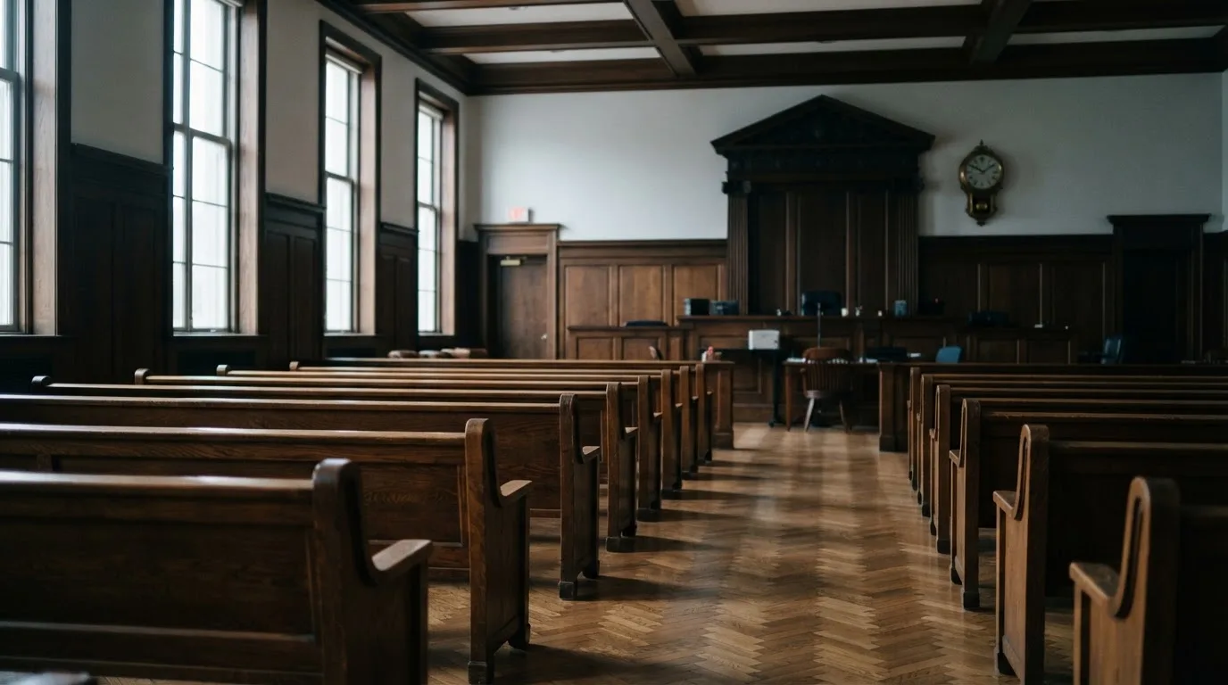 An empty courtroom with wooden benches in morning light