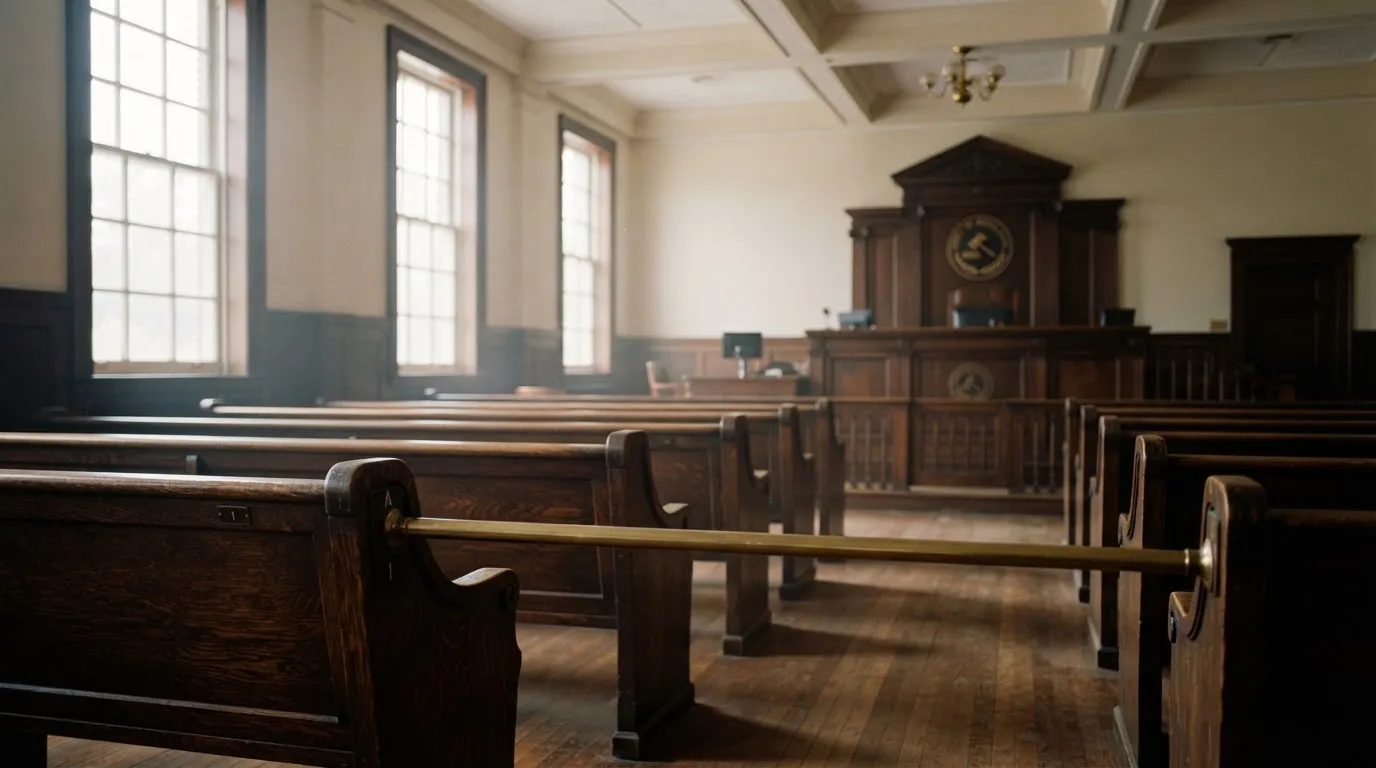 An empty courtroom with wooden benches in morning light